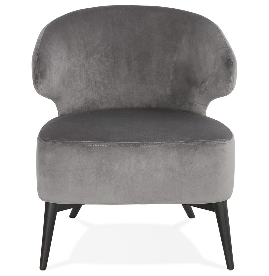 Fauteuil lounge vintage 'LUXY' en velours gris et pieds en bois noir vue2