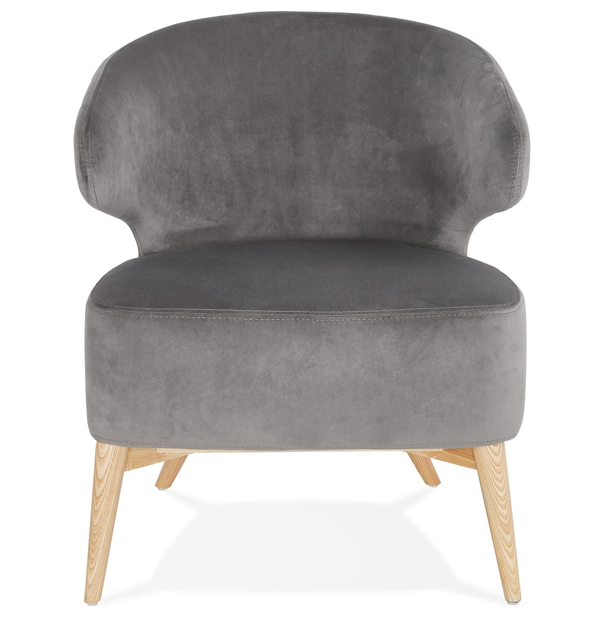 Fauteuil lounge vintage 'LUXY' en velours gris et pieds en bois finition naturelle vue2