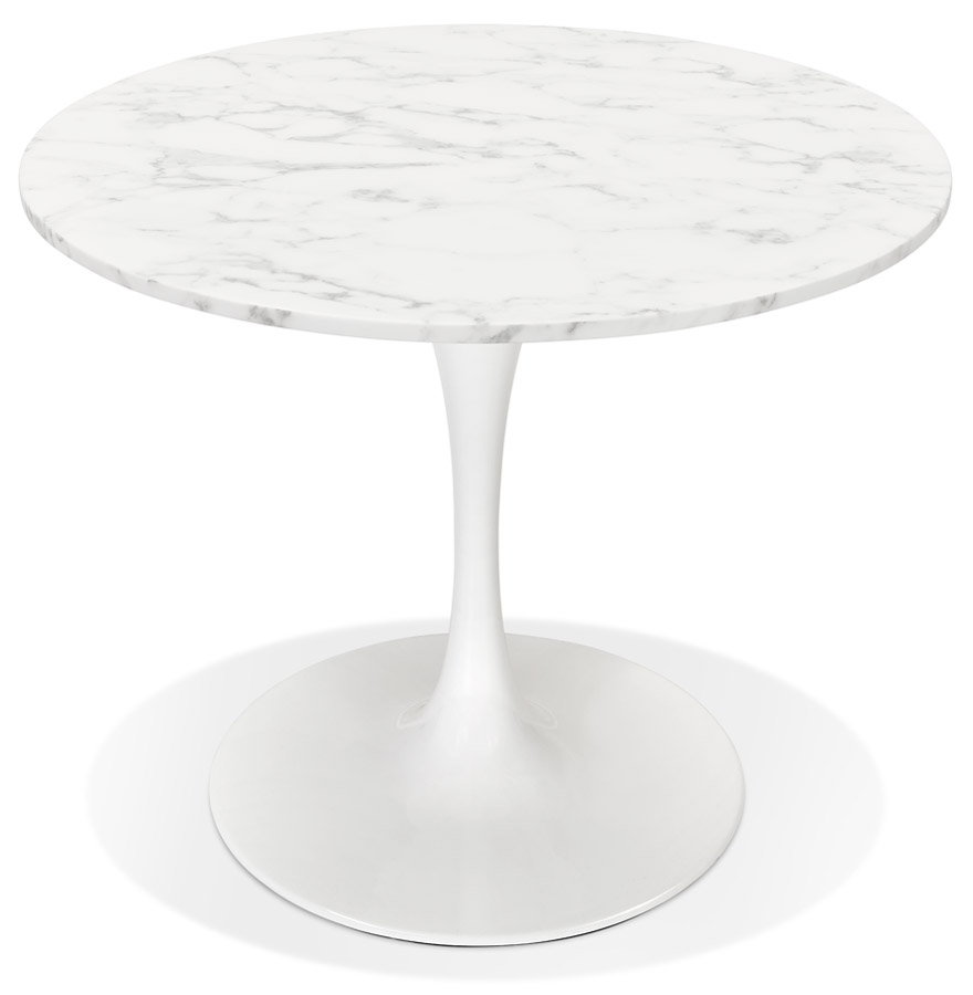 Table à dîner ronde 'URSUS' en pierre blanche effet marbre et métal blanc - Ø 90 cm vue2